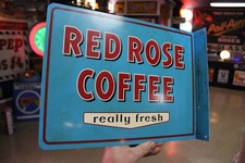 RARE 1950s RED ROSE COFFEE PAINTED METAL 2-SIDED FLANGE SIGN KITCHEN CAFE DINER picture