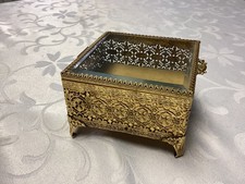 Vtg Antique French Style Filigree Beveled Glass Jewelry Casket Ring Trinket Box picture