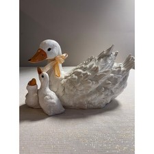 Beautiful Vintage Painted White Ceramic Mother Duck Goose Swan with Ducklings picture