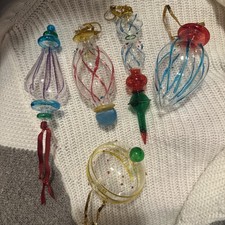 Vintage Set Of 5 Unique Shaped Multi Color Hand blown Glass Christmas Ornaments picture