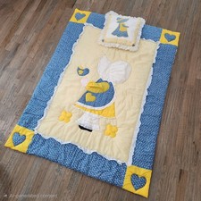 VTG Sunbonnet Sue Baby Quilt Pillow Set Yellow Gingham Blue Calico Cottagecore picture