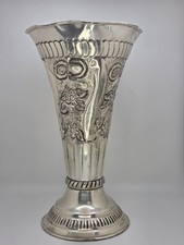 Vintage Victorian Silverplate Repousse Ornate Large Fluted Rim Vase 8X5 picture