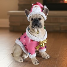 French Bulldog Statue in Pink Santa Outfit, 18.9