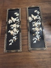 VTG Chinoiserie Black Lacquer Wall Panels w/ Mother of Pearl Shell Carved Birds picture