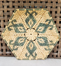 Large Hexagon Native American Hand Woven Basket Tray Soft Green Tan 15 Inch picture