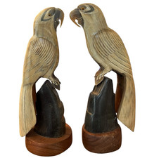 Vintage Hand Carved Horn Pair of Parrot Sculptures On Wood Base Parrot Thailand picture