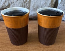 Rare Starbucks 2011 Ready Brew VIA 8oz Mug Rubber Ribbed Grip Tumbler Set Of 2 picture
