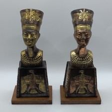 Vintage Egyptian Revival Bronze Nefertiti On Wood Base Bookends picture