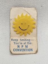 Vintage N P M Convention Smiling Sun Plastic Lape Shirt Hat Collar Push Back Pin picture
