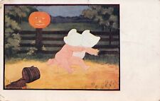 Antique Halloween Card Spooky Pumpkin Creepy Bogeyman Fence Vtg Postcard C58 picture