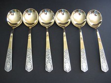 Vtg Set Of 6 Amfarco Siam Sterling Silver Inlaid Buddha Brass Spoons, 7 1/2