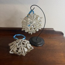 VTG White And Gold Beaded Puffed Snowflake Ornament 5x5 Set Of 2 picture