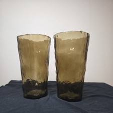 1970s Seneca Driftwood Brown Crinkle Glass Highball Tumblers Cups Set 2 Vintage picture