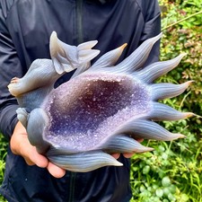 1.27LB Natural Purple Crystal Cave Hand Carving Nine Tailed Fox Gemstone Art picture