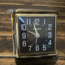 Bulova Folding Travel Alarm Clock Analog Mechanical Black/Gold Arabic Numerals picture