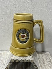 Vintage Boston University Ceramic Beer Stein Mug 3D Metal Crest Logo Gold Glaze picture