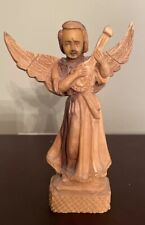 Vtg Hand Carved Holy Land Bethlehem Olive Wood Angel Playing Lute Figurine 7.25” picture