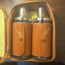 Vintage MCM Travel Bar Set Bourbon Scotch Glass Flasks Leather Case AS IS Repair picture