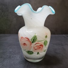 Fenton Glass Teleflora Swirl Hand Painted Roses Ruffled Blue Edge Vase picture