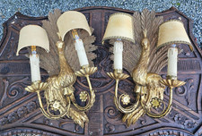 Italian vintage wood gold gilt peacock italian wall lights sconces 1970 picture