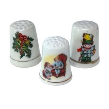 Vintage Christmas Ceramic Thimbles Set of 3 Holly Bells Boy & Avon 1983 Holiday picture