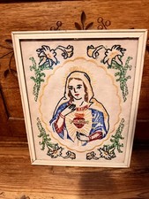 Rare Vtg Embroidered VirginMary Sacred Heart on Linen Religious Picture Handmade picture