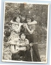 Photo USSR era youth group outdoor man playing guitar two girls hugging laughing picture