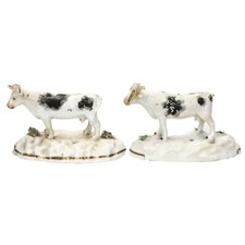 (2) Antique Georgian 18th Century Prattware Staffordshire Cows Bull Figures RARE picture