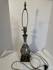 Vintage Mid Century Modern Ceramic Brass Lamp Black White Ribbed Leaf Motif MCM picture