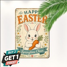 Cheerful Easter Rabbit Metal Sign Cute Spring Bunny Floral Wall Plaque picture