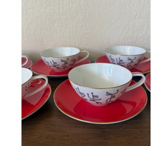 Rare 1950s Noritake Tea Cup Saucer Set 6 Red Black Gold MCM Japan picture