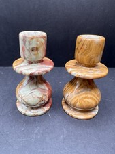 VTG Set Of 2 Green Brown Onyx Candle Holders Hand Carved Italy? MCM  picture