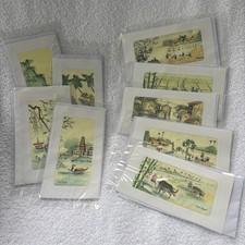 9 Vintage Vietnam Greeting Cards Hand-Painted Fabric Silk Art Village Scenes picture