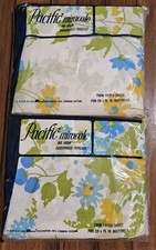 Vintage Pacific Miracale Twin Fitted Sheet Blue Yellow Shadow Flowers Lot Of 2 picture
