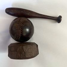 Collectible Vintage Hand-Carved Wood Baseball Bat & Ball Sculpture Figurine picture