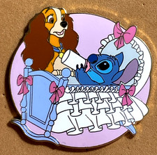 DISNEY AUCTIONS 2004 RARE STITCH DRINKING BOTTLE IN CRADLE WITH LADY LE 1000 PIN picture