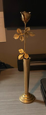 Vintage Brass Long Stem Rose Sculpture in Trumpet Bud Vase (11.5