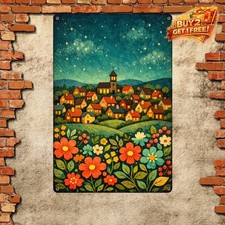Nightscape Hillside Village Cottages Starry Sky Metal Tin Sign 8x12 picture