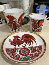 Vintage Lomonosov LFZ Red Rooster Porcelain Mug Saucer Set & Extra Cup USSR picture