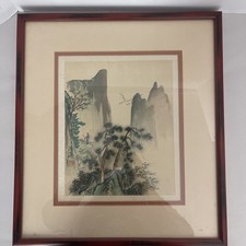 Vintage Asian Landscape Print Framed Chinese Mountain Pine Scene Wall Art 19x16 picture