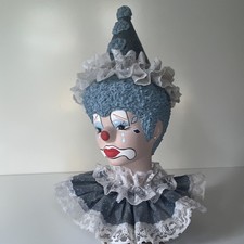 VTG Hand Painted Ceramic Clown Bust Figurine Blue/White Lace Collar Circus Theme picture