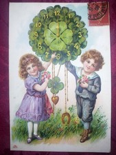 1 postcard 1908: children - clock - horseshoe, heart and baptism picture