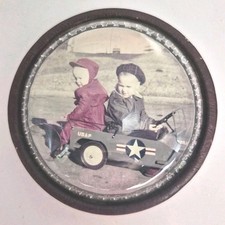 Vintage Domed Glass Photo Paperweight Antique Leather Magnifying Frame USAF Car picture