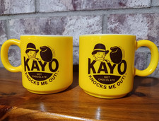 Vintage 1950s KAYO Hot Chocolate Hazel Atlas Milk Glass Mugs Pair Yellow Logo picture