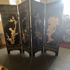 Asian Style Black & Gold 4-Panel Double-Sided Wood  table top screen picture
