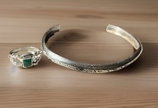 .925 Vintage Navajo child Sterling Silver Cuff Bracelet & green onyx child ring  picture