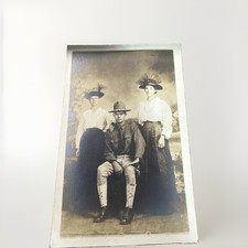 Antique RPPC Edwardian Women Big Hat Long Dress & Soldier  Postcard AZO picture
