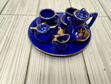 Blue Gold Trim Mini Teaset W/ Tray Vtg Taiwan Porcelain 10 Pc picture