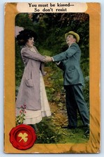 c1910's Romance Couple You Must Be Kissed So Don't Resist Seal Antique Postcard picture
