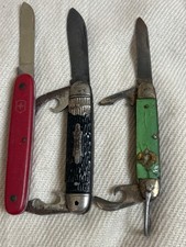 There 3 Very aged lKnife 1940s UTICA Cutlery KUTMASTER Green Acetate Camp Knife picture